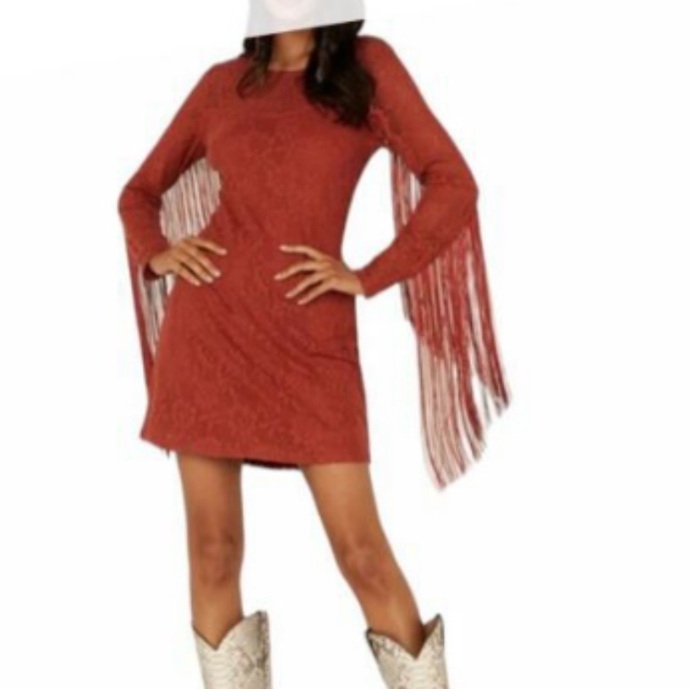 Rust Fringe Dress with Long Sleeves